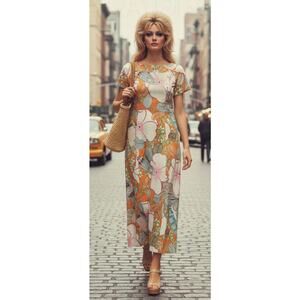 Vintage Alice Polynesian Maxi Dress Womens M Orange Floral Mod Tropical 60s